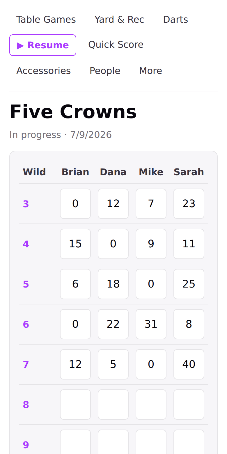 Five Crowns scorecard with four players and round-by-round scores